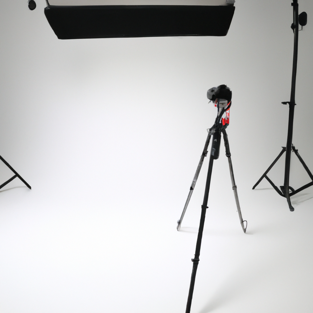 Minimalist studio with natural north light and a white cyclorama, medium format camera on a tripod